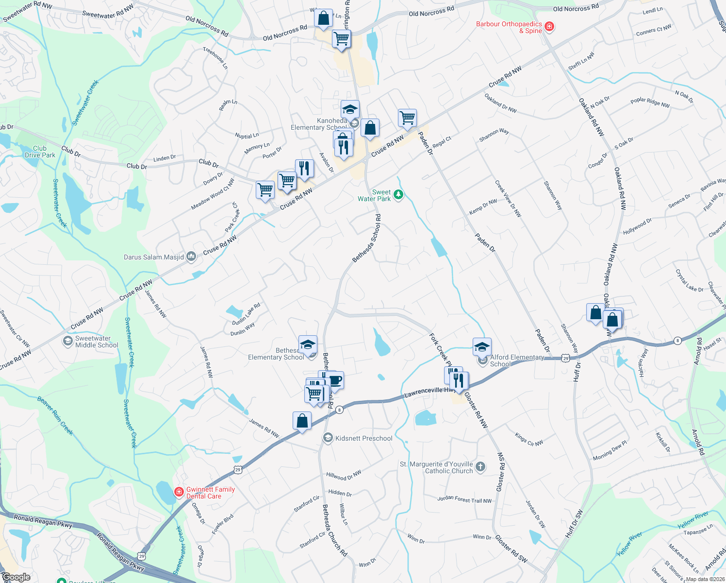 map of restaurants, bars, coffee shops, grocery stores, and more near 665 Highbranch Cir in Lawrenceville