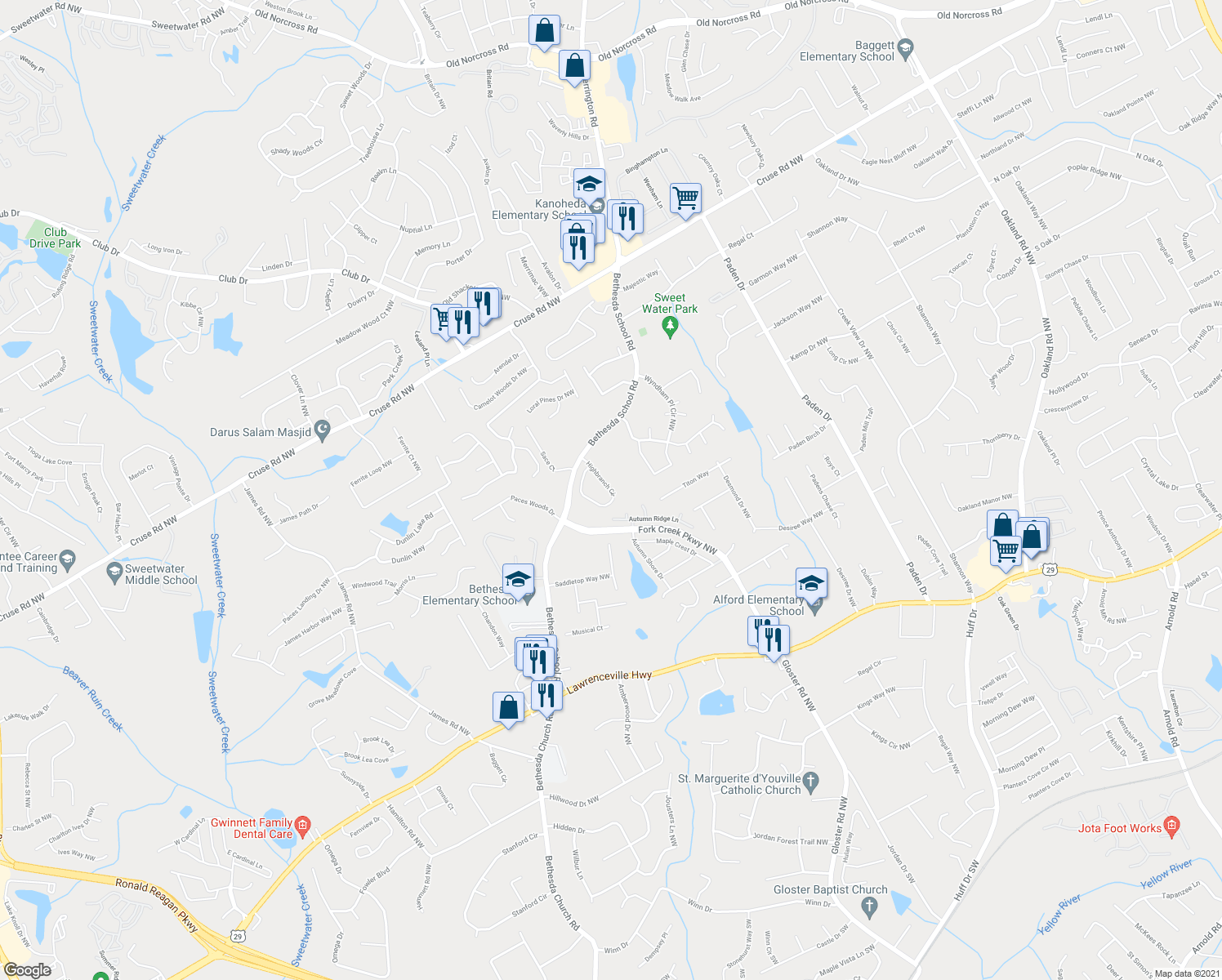 map of restaurants, bars, coffee shops, grocery stores, and more near 405 Highbranch Circle in Lawrenceville