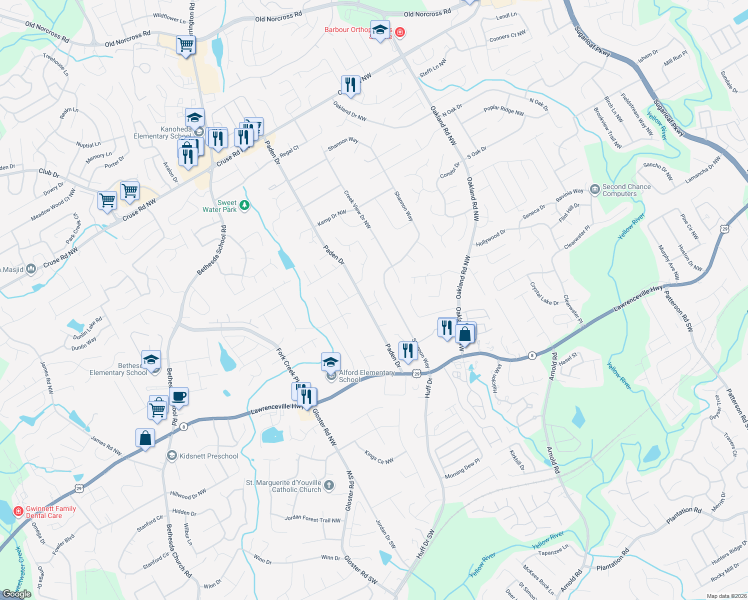 map of restaurants, bars, coffee shops, grocery stores, and more near 438 Padens Valley Court in Lawrenceville