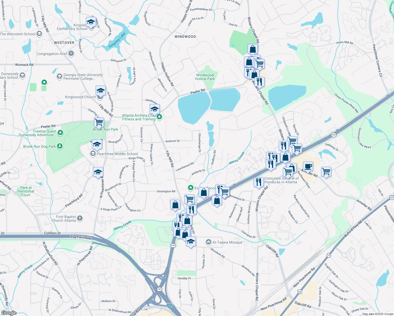 map of restaurants, bars, coffee shops, grocery stores, and more near 2620 Laurelwood Road in Atlanta