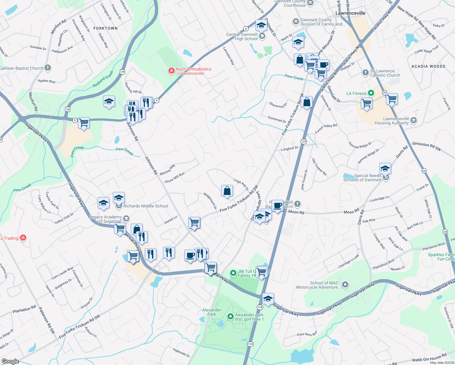 map of restaurants, bars, coffee shops, grocery stores, and more near 980 Christine Ct in Lawrenceville