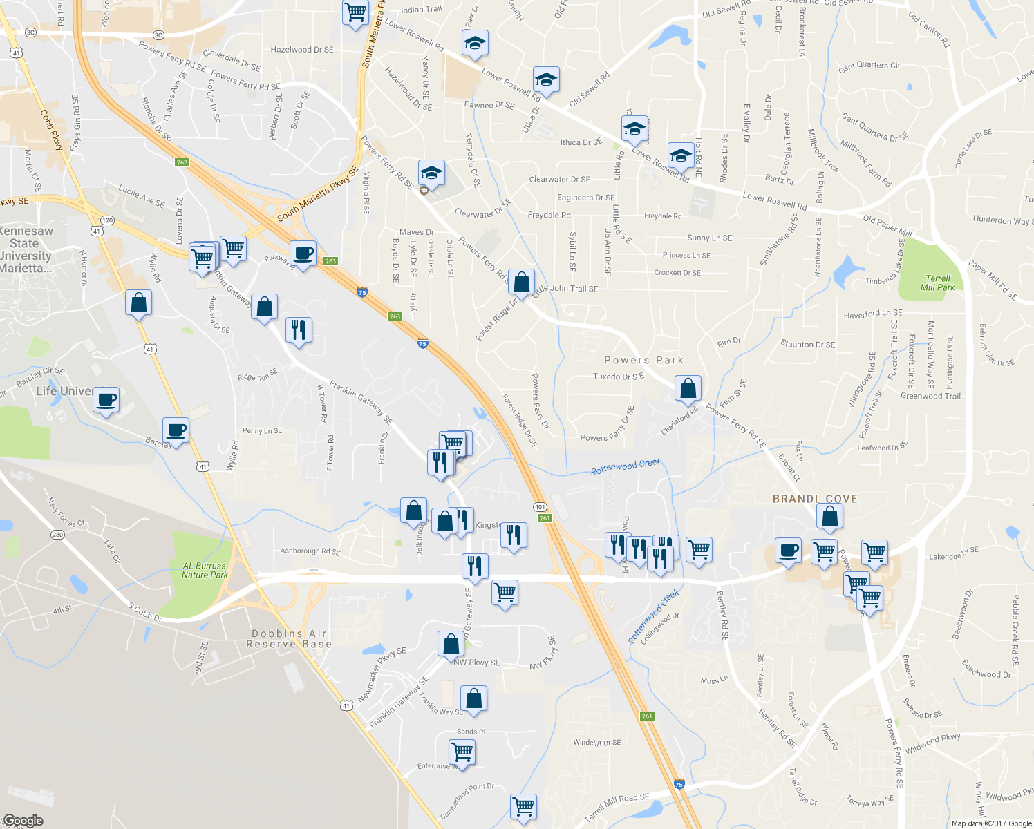 map of restaurants, bars, coffee shops, grocery stores, and more near 946 Forest Ridge Drive in Marietta