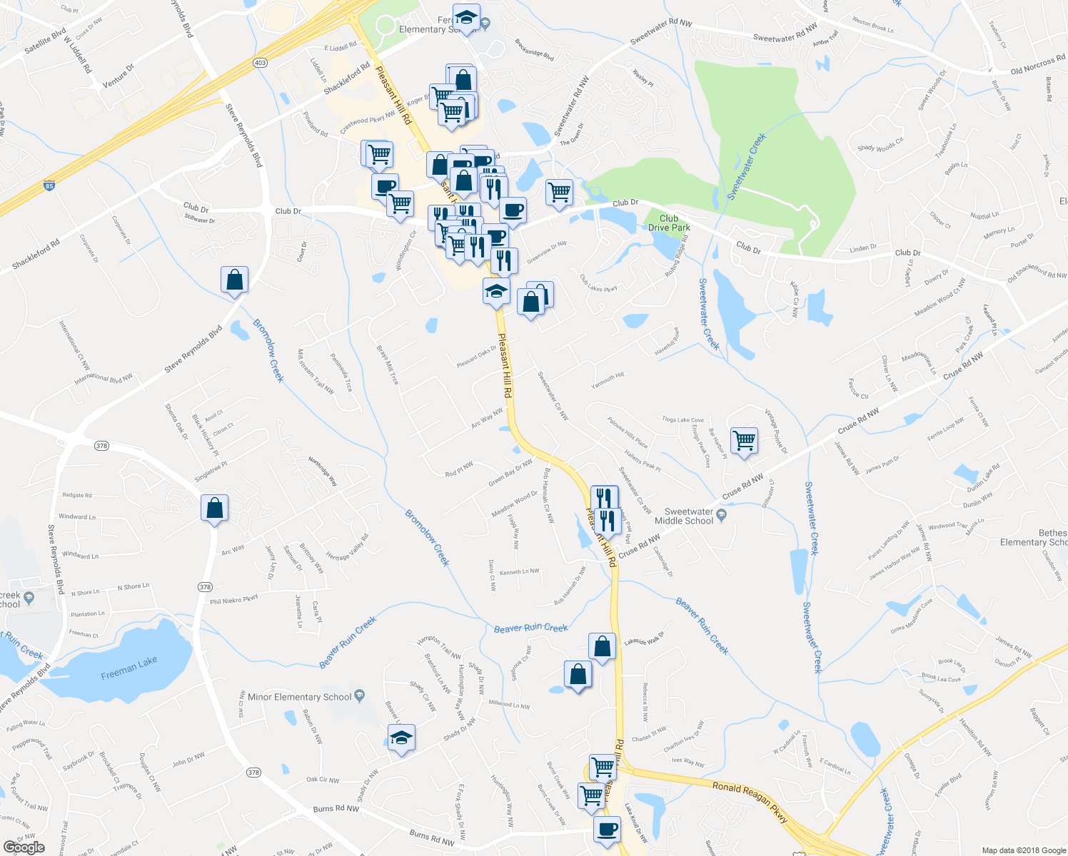 map of restaurants, bars, coffee shops, grocery stores, and more near 1163 Lakehill Drive Northwest in Lawrenceville