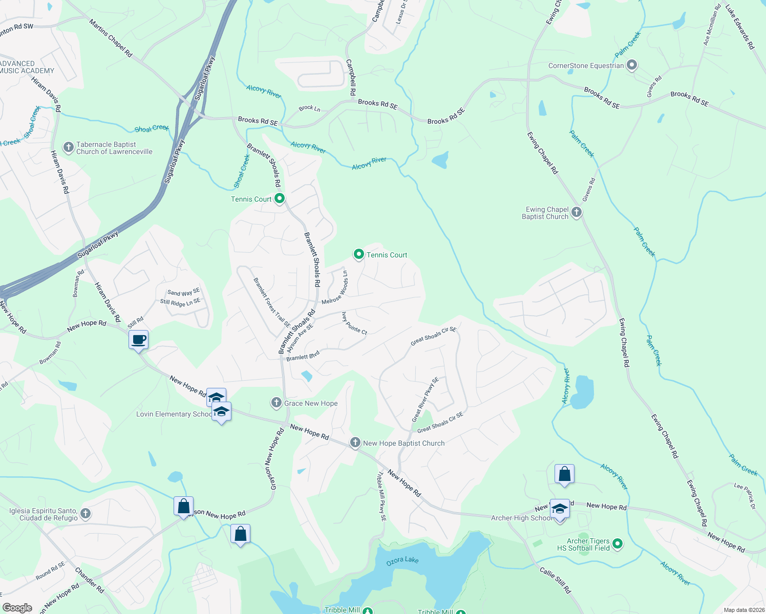 map of restaurants, bars, coffee shops, grocery stores, and more near 1434 Ivey Pointe Drive Southeast in Lawrenceville