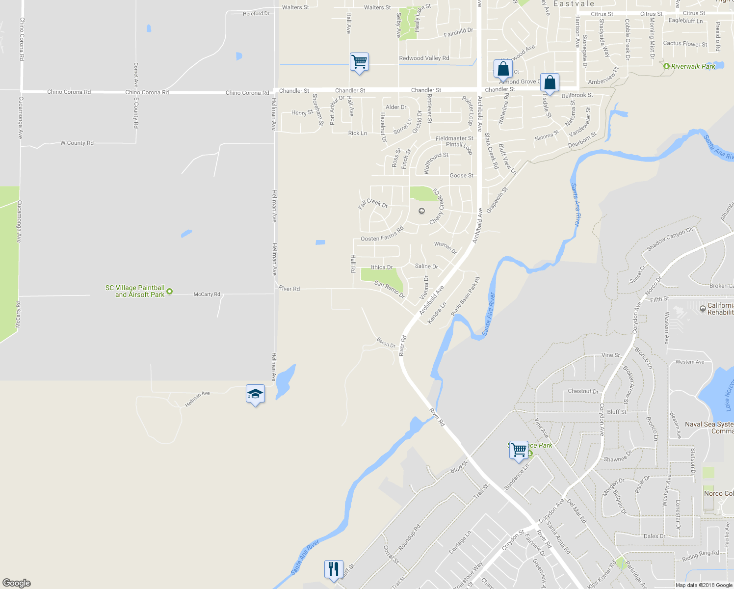 map of restaurants, bars, coffee shops, grocery stores, and more near 14644 Alpaca Court in Eastvale