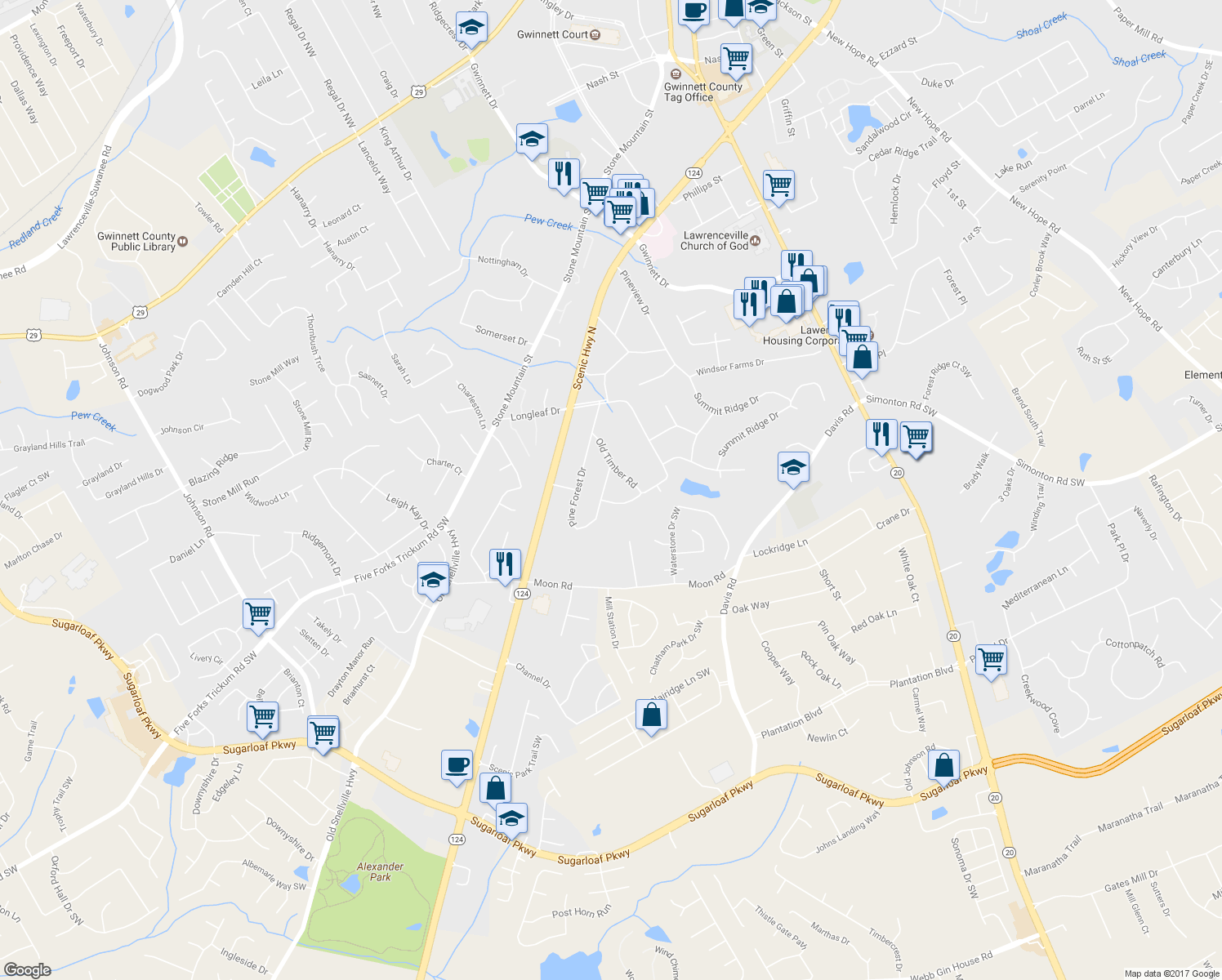 map of restaurants, bars, coffee shops, grocery stores, and more near 470 Pine Forest Drive in Lawrenceville