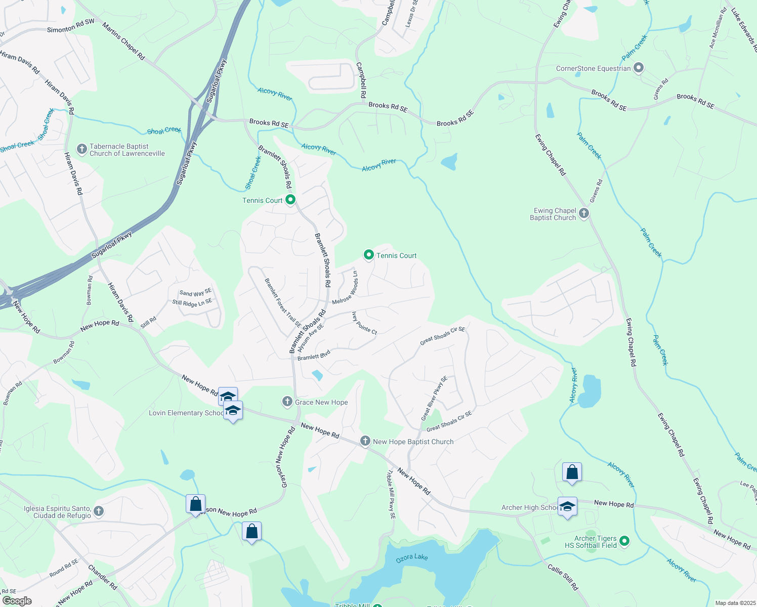 map of restaurants, bars, coffee shops, grocery stores, and more near 1394 Ivey Pointe Drive Southeast in Lawrenceville