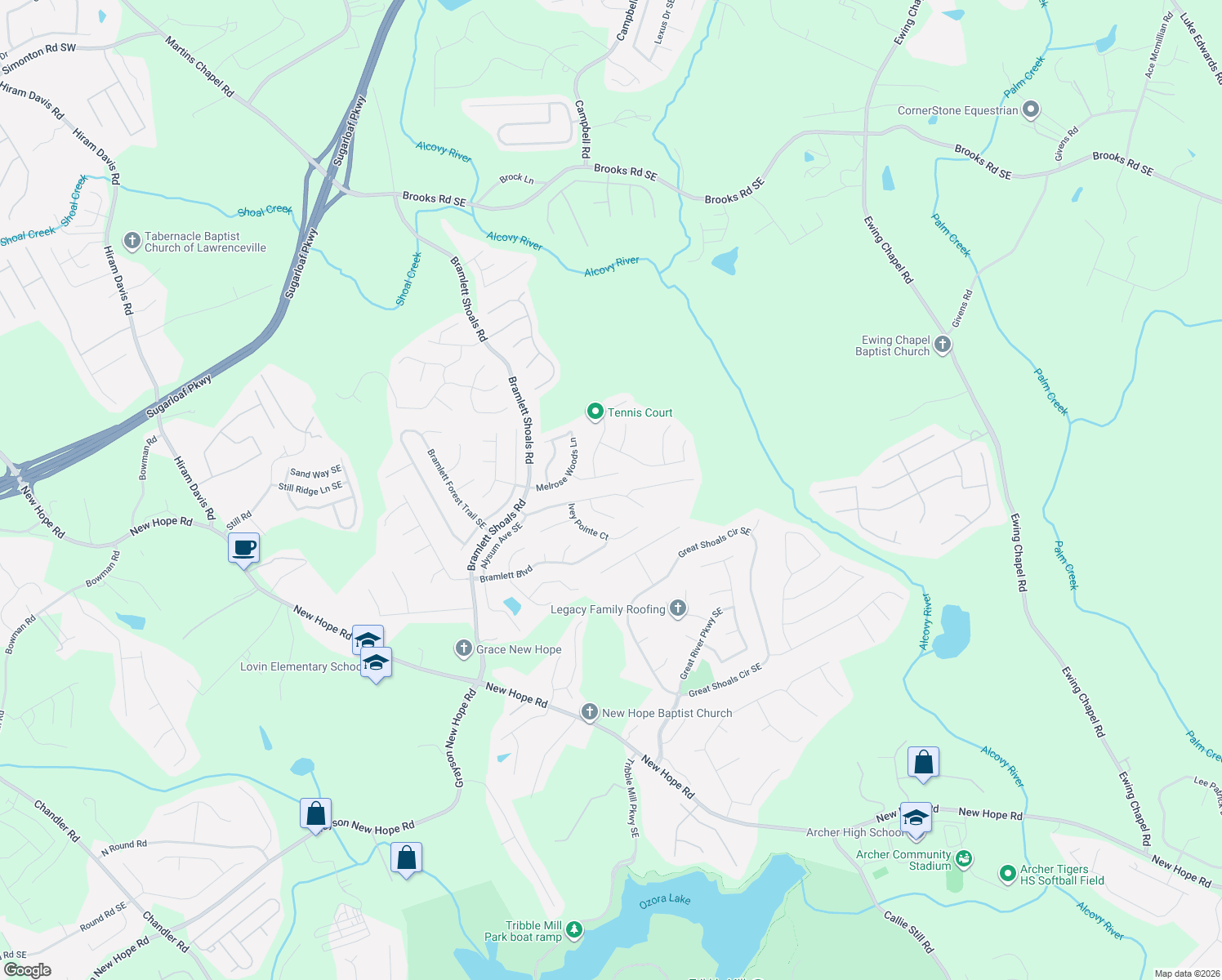 map of restaurants, bars, coffee shops, grocery stores, and more near 1384 Ivey Pointe Drive Southeast in Lawrenceville