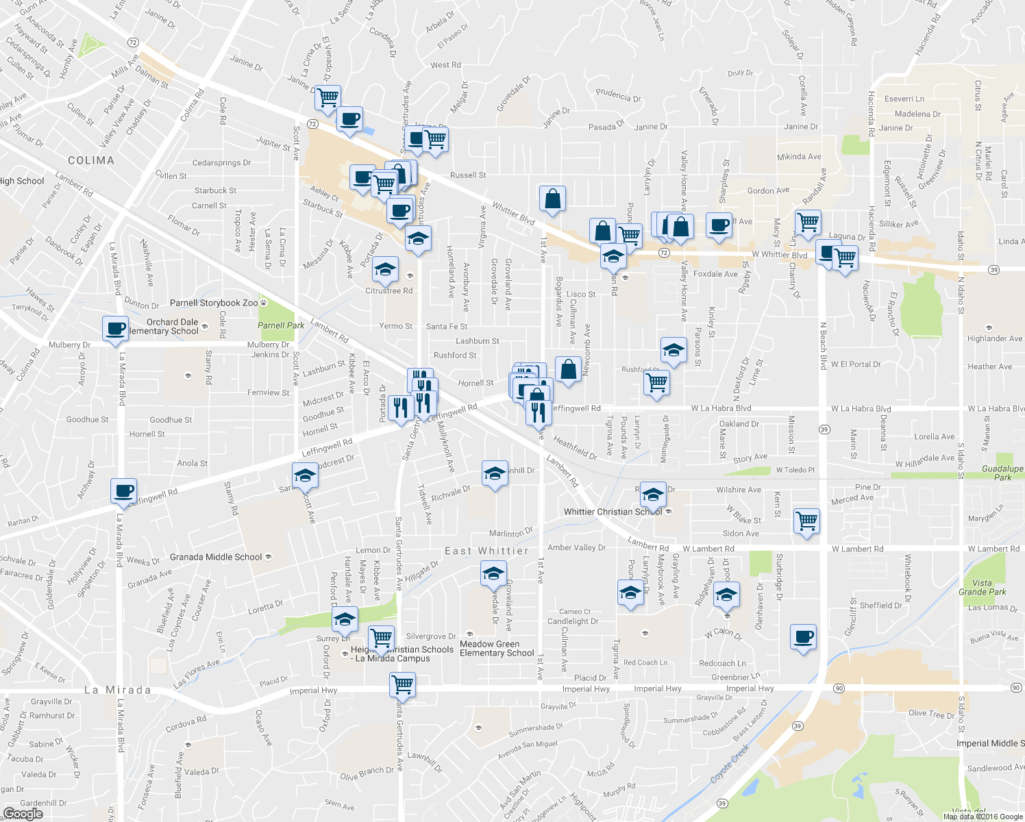 map of restaurants, bars, coffee shops, grocery stores, and more near 16040 Leffingwell Road in Whittier