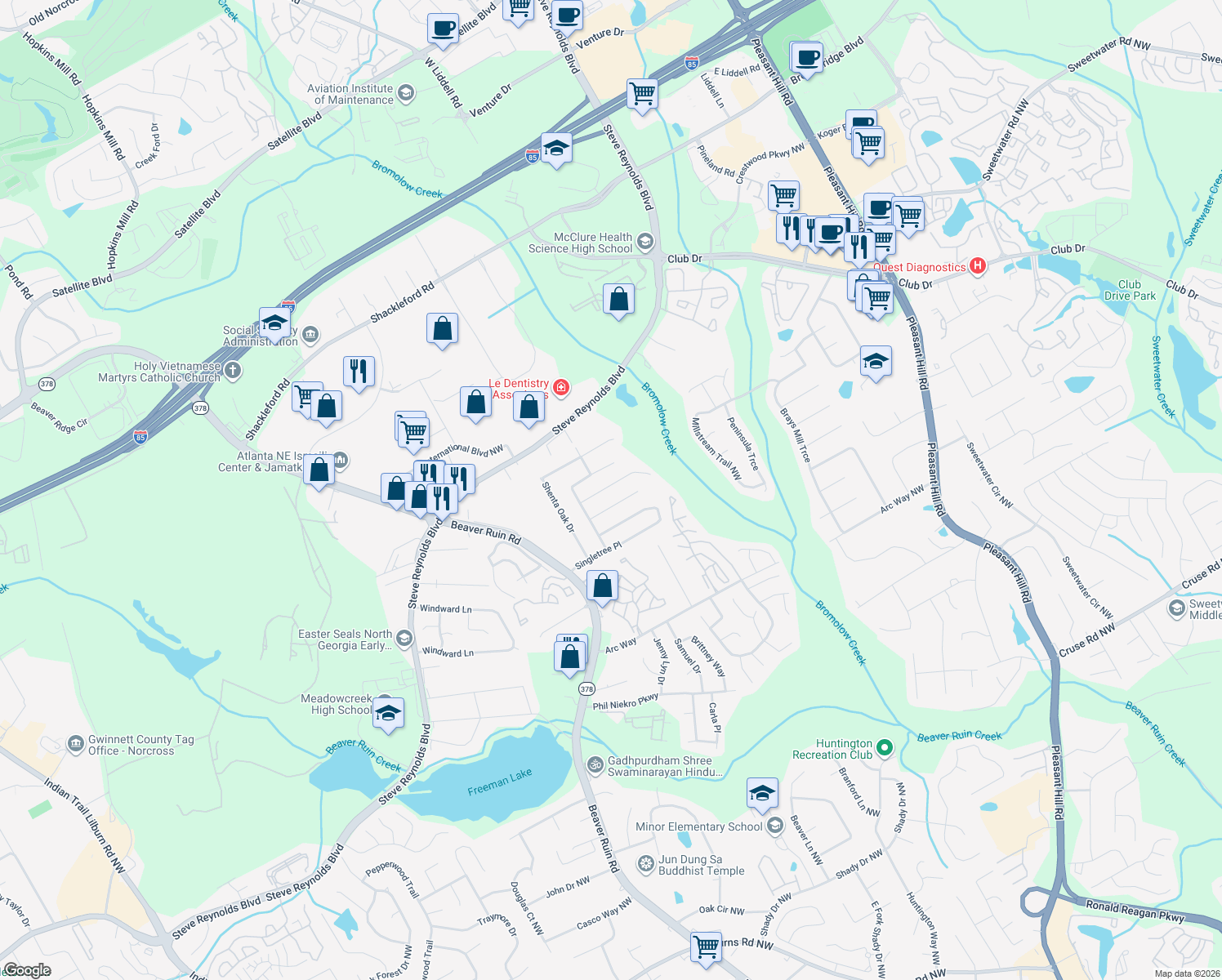 map of restaurants, bars, coffee shops, grocery stores, and more near 4062 Anvil Court in Norcross