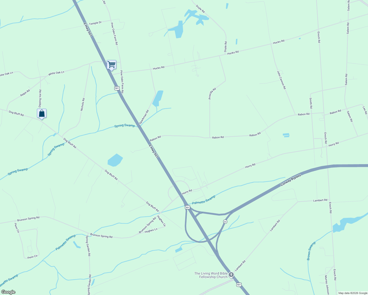 map of restaurants, bars, coffee shops, grocery stores, and more near 222 Rabon Rd in Aynor