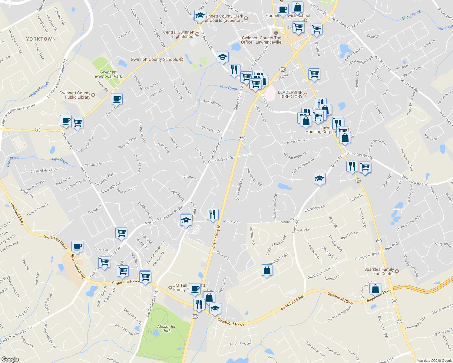 map of restaurants, bars, coffee shops, grocery stores, and more near 491 Scenic Highway North in Lawrenceville