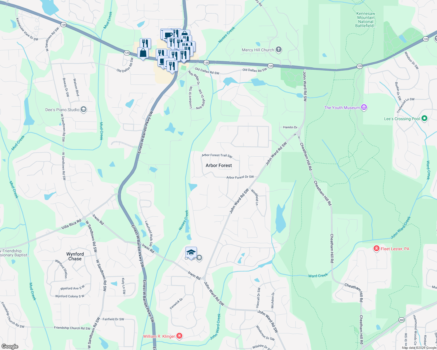 map of restaurants, bars, coffee shops, grocery stores, and more near 2025 Arbor Forest Dr SW in Marietta