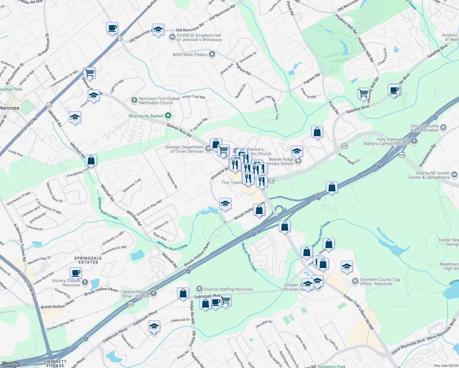map of restaurants, bars, coffee shops, grocery stores, and more near 5309 Pinnacle Peak Ln in Norcross