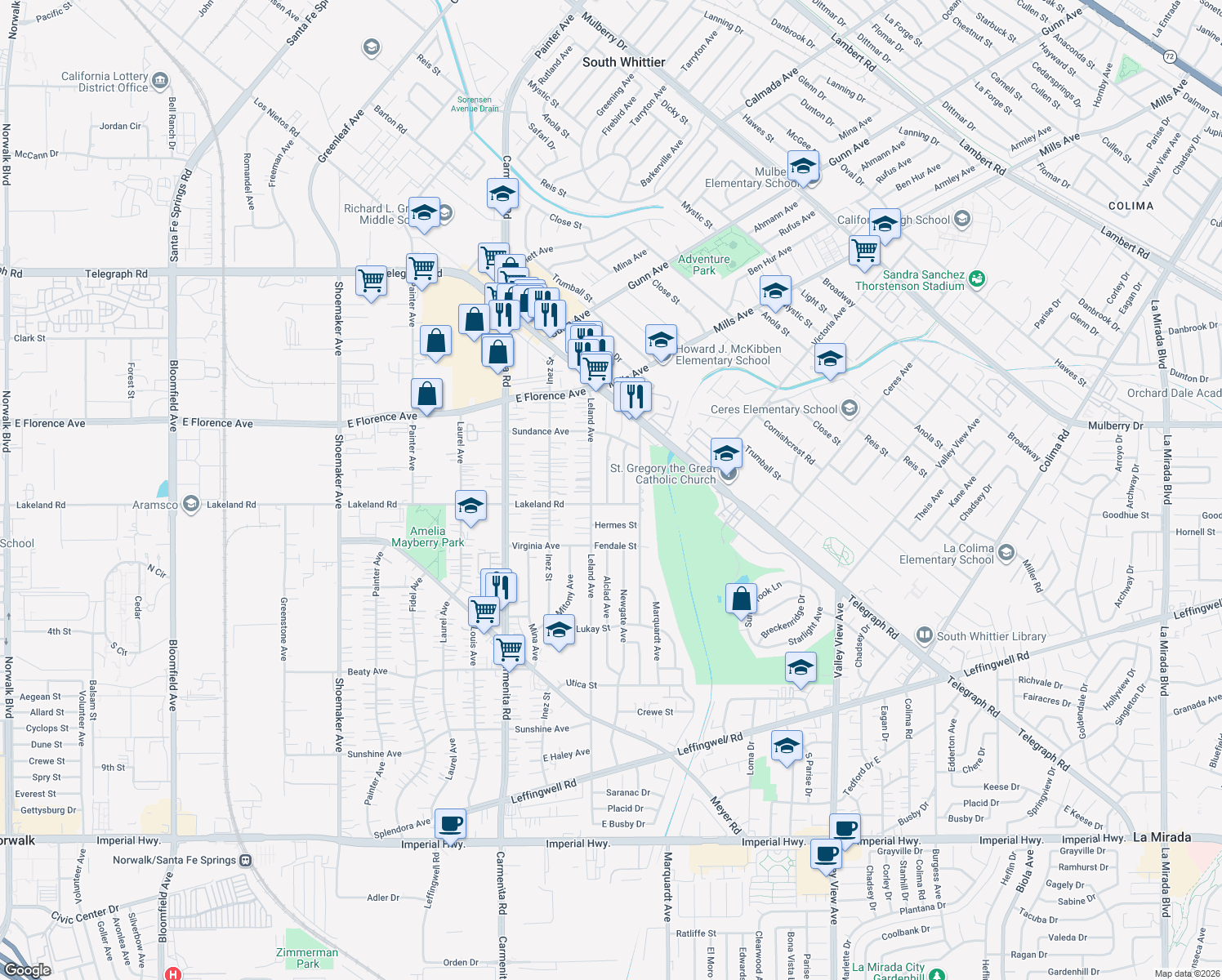 map of restaurants, bars, coffee shops, grocery stores, and more near 10934 Alclad Ave in Whittier