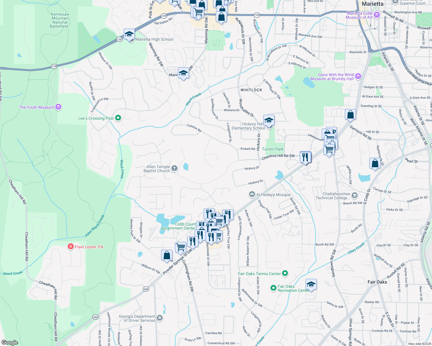 map of restaurants, bars, coffee shops, grocery stores, and more near 690 Chestnut Hill Road Southwest in Marietta