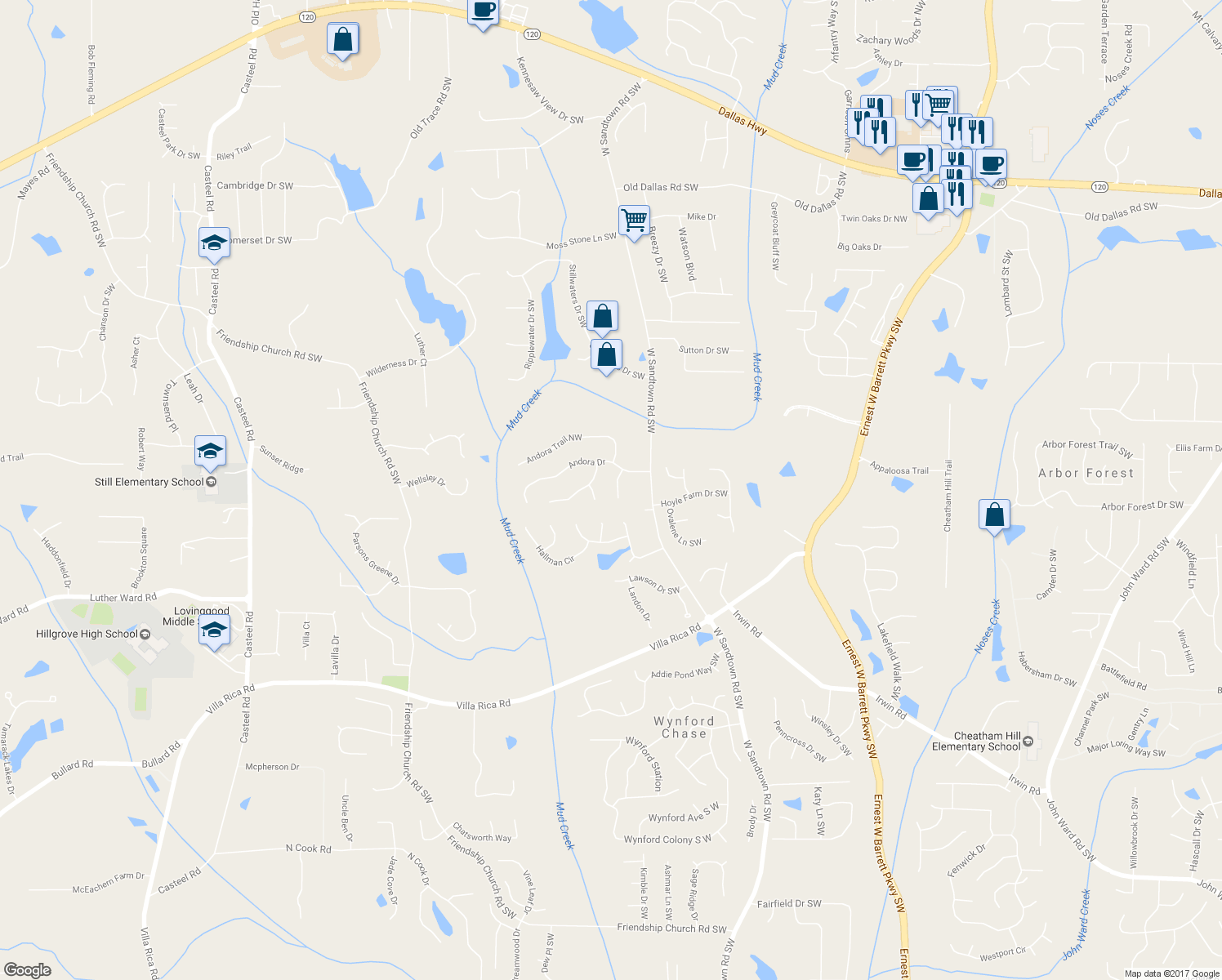 map of restaurants, bars, coffee shops, grocery stores, and more near 786 Andora Court in Marietta