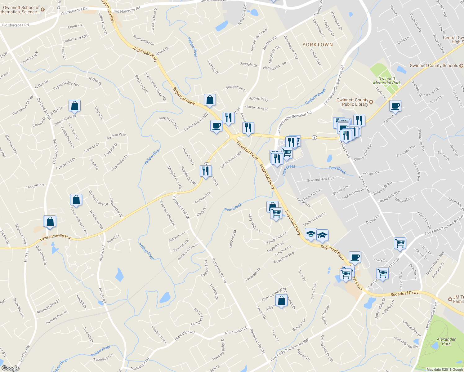 map of restaurants, bars, coffee shops, grocery stores, and more near 1758 Cannonball Court Northwest in Lawrenceville