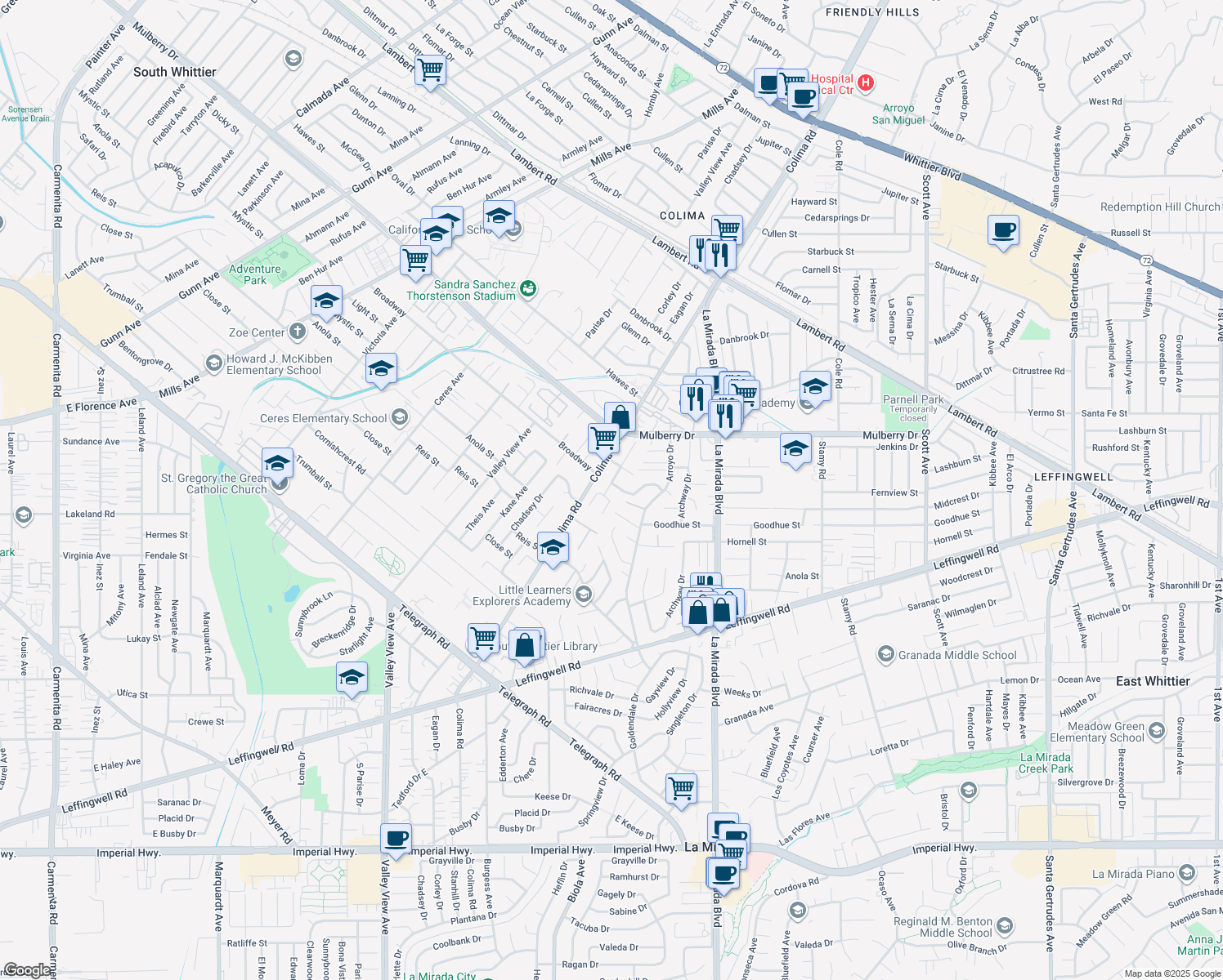 map of restaurants, bars, coffee shops, grocery stores, and more near 14802 Fernview Street in Whittier