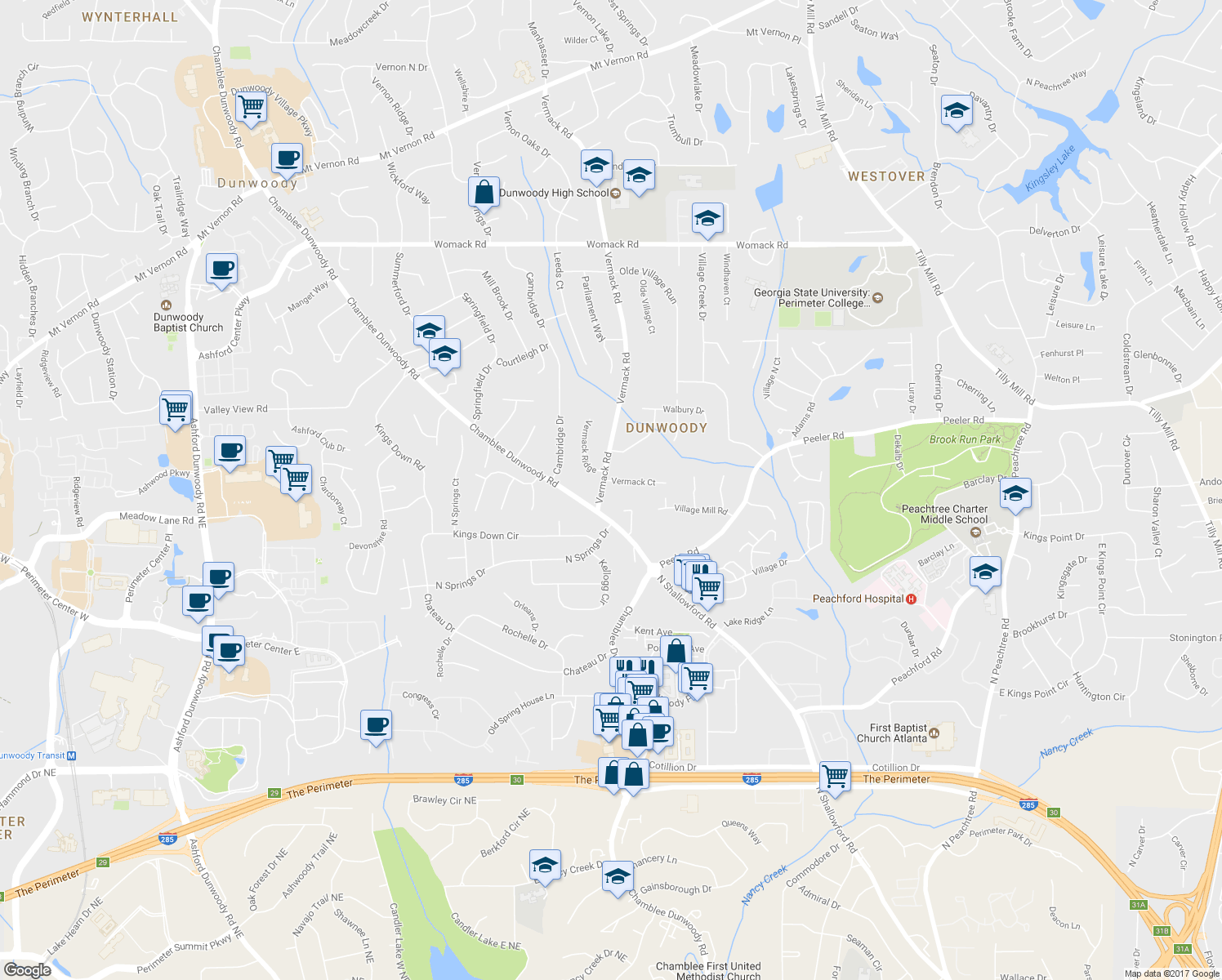 map of restaurants, bars, coffee shops, grocery stores, and more near 1811 Vermack Court in Dunwoody