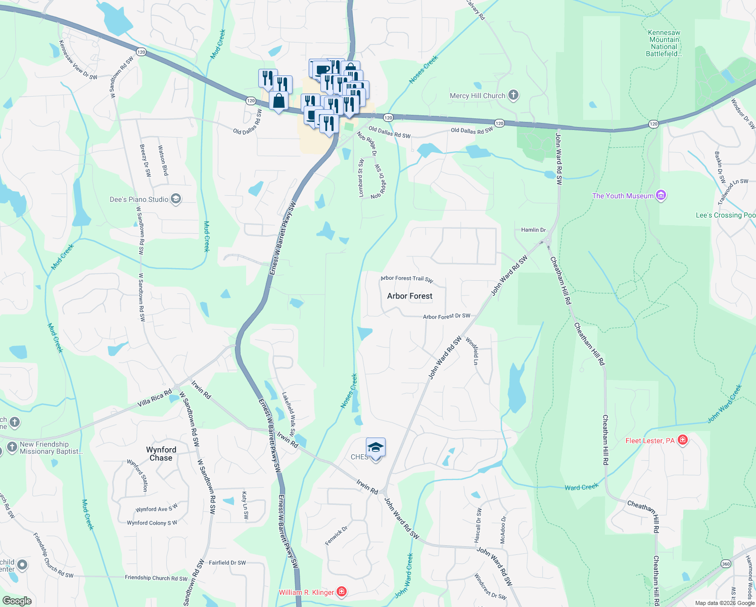 map of restaurants, bars, coffee shops, grocery stores, and more near 2208 Arbor Forest Trail Southwest in Marietta