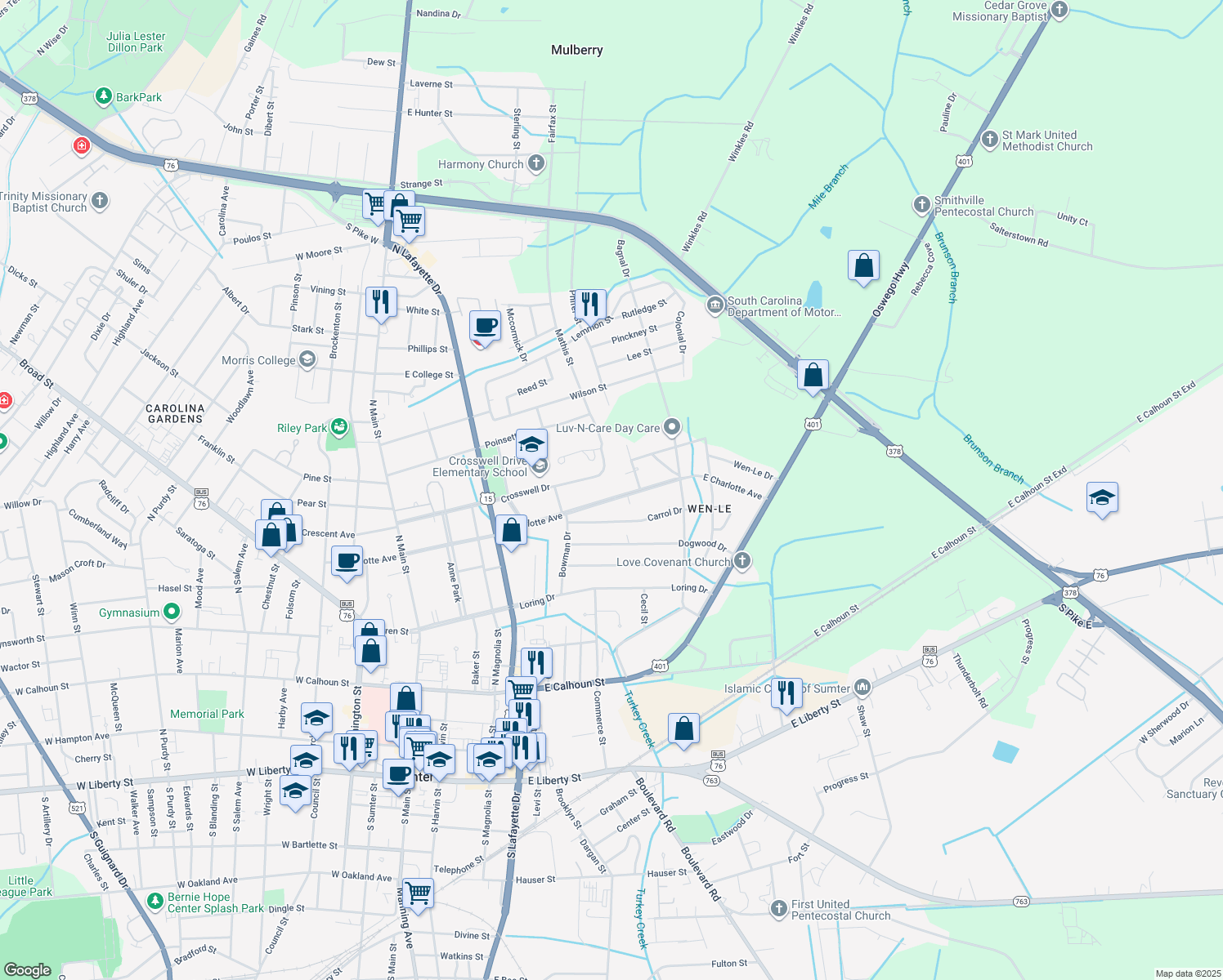 map of restaurants, bars, coffee shops, grocery stores, and more near 437 E Charlotte Ave in Sumter