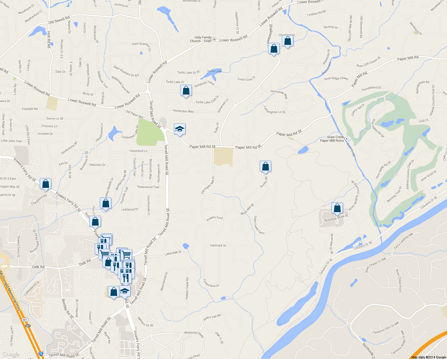 map of restaurants, bars, coffee shops, grocery stores, and more near 3361 Stovehill Court Southeast in Marietta