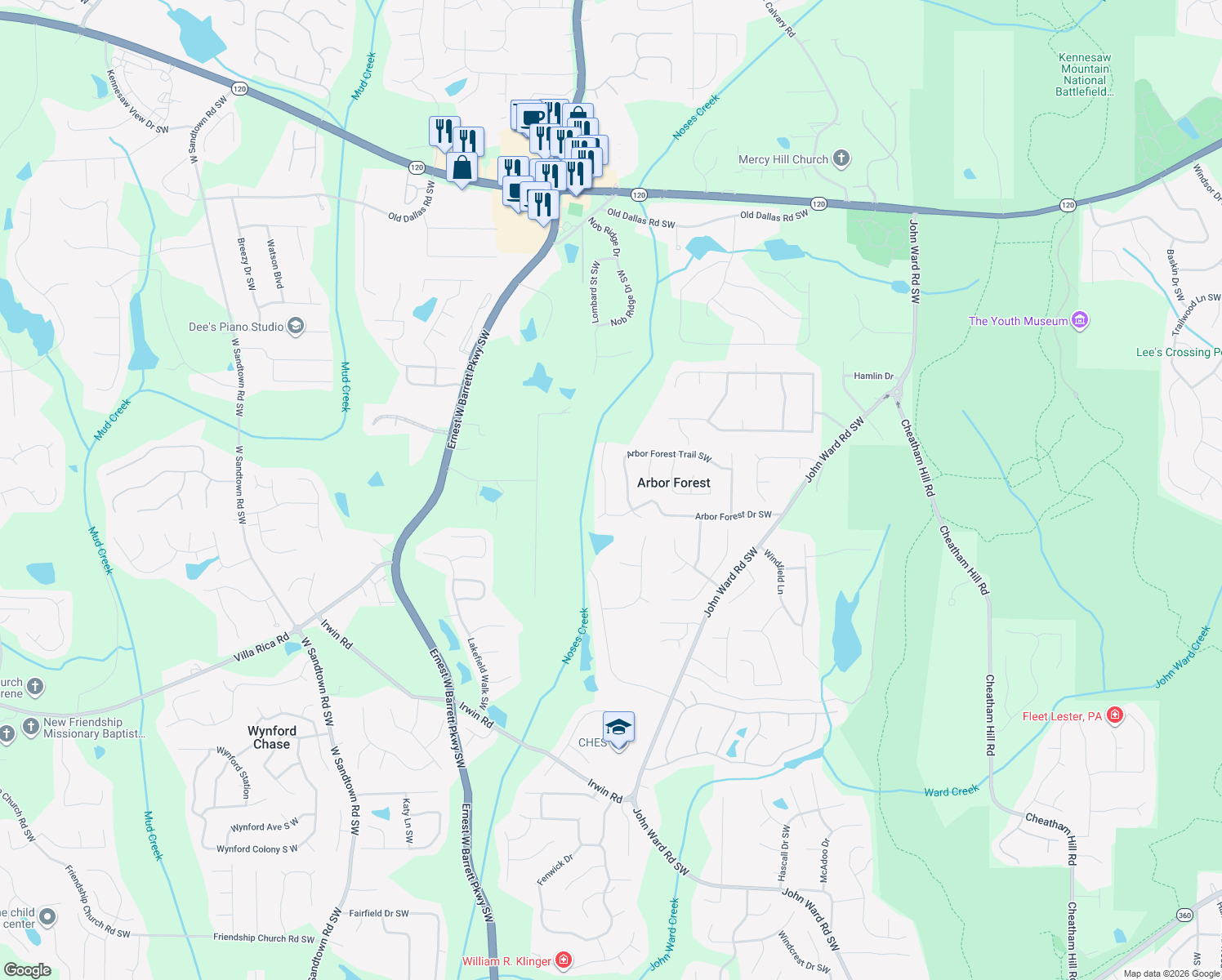 map of restaurants, bars, coffee shops, grocery stores, and more near 2208 Arbor Forest Trail Southwest in Marietta