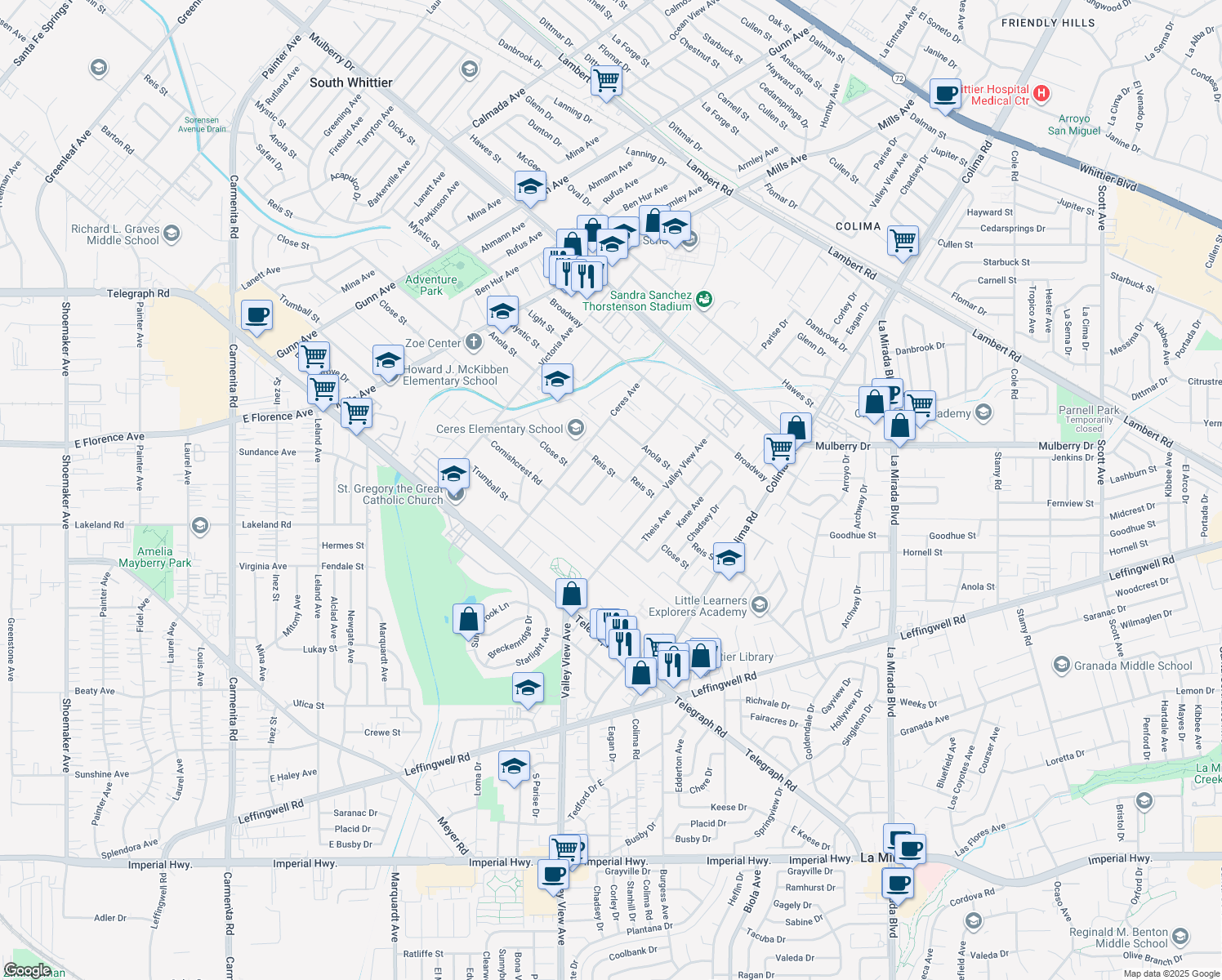 map of restaurants, bars, coffee shops, grocery stores, and more near 10919 Bonavista Lane in Whittier