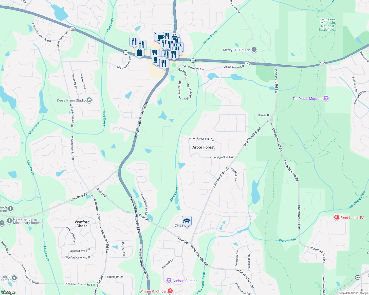 map of restaurants, bars, coffee shops, grocery stores, and more near 2208 Arbor Forest Trail Southwest in Marietta