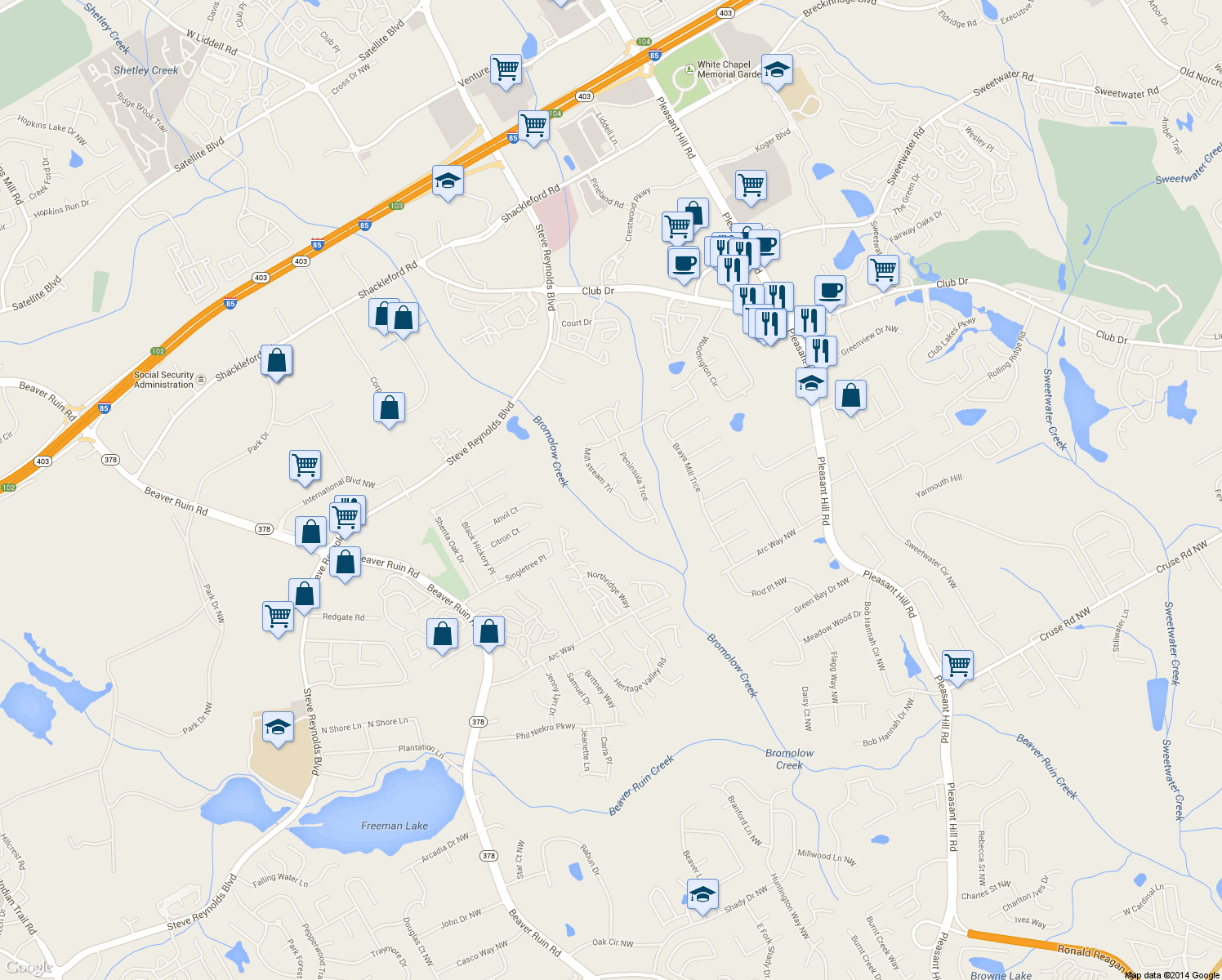 map of restaurants, bars, coffee shops, grocery stores, and more near 1269 Millstream Trail Northwest in Lawrenceville