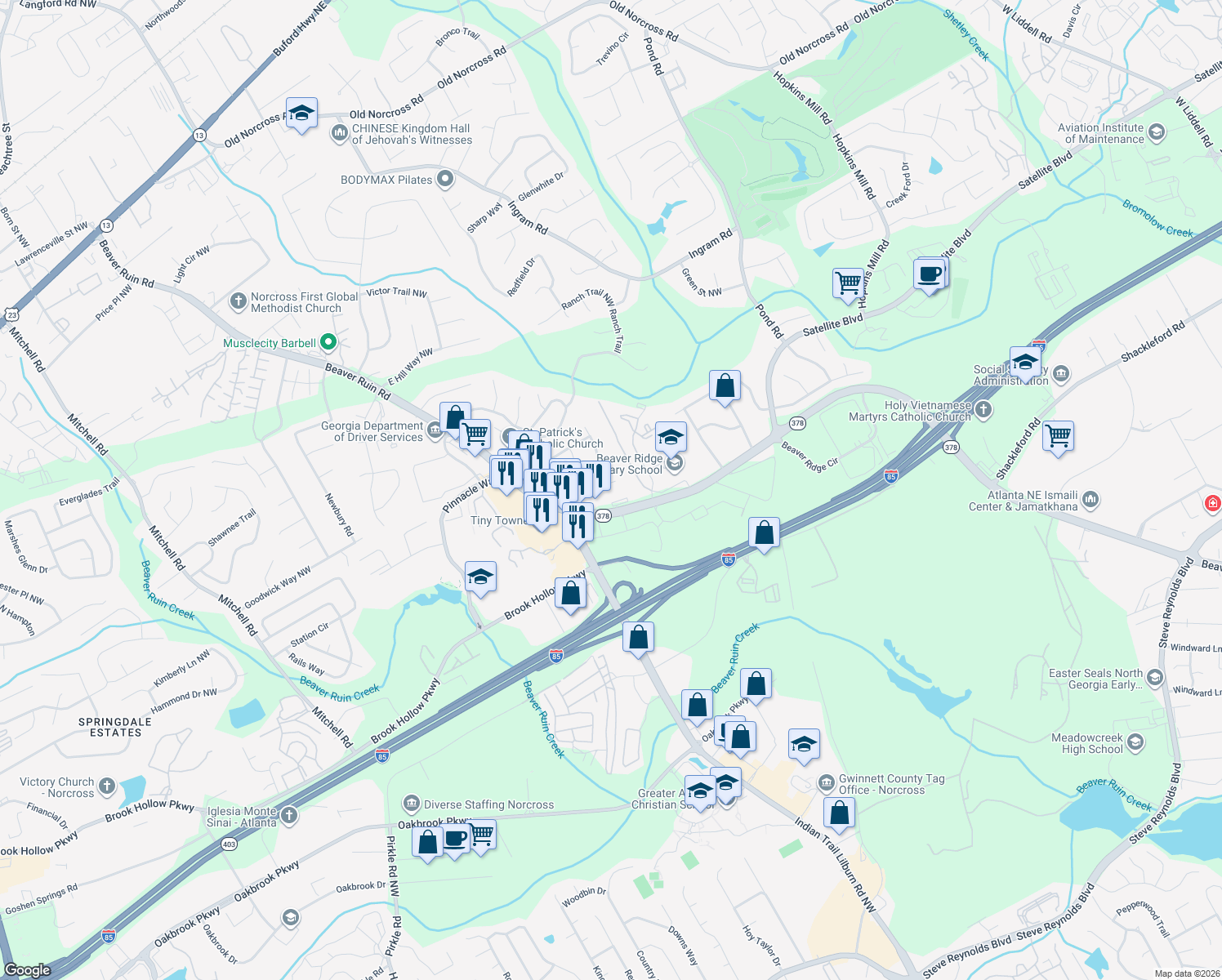 map of restaurants, bars, coffee shops, grocery stores, and more near 5024 Cherokee Ct in Norcross