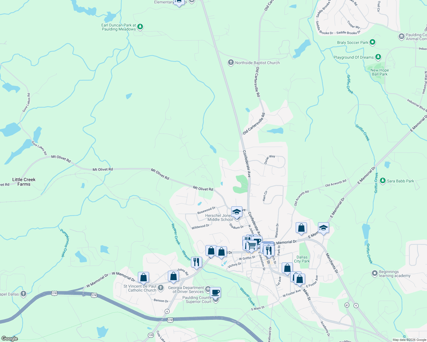 map of restaurants, bars, coffee shops, grocery stores, and more near 206 Polk Ln in Dallas
