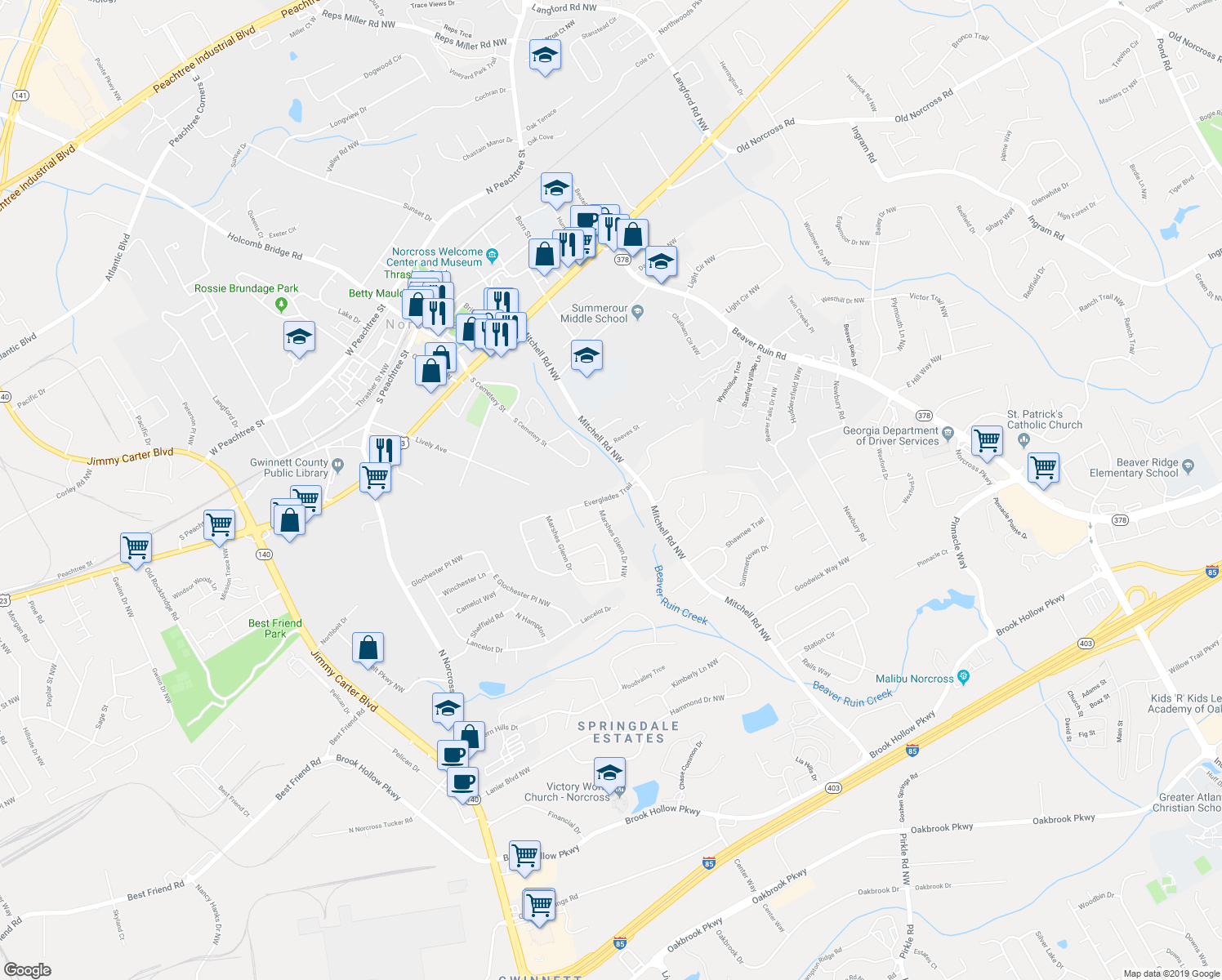 map of restaurants, bars, coffee shops, grocery stores, and more near 5681 Everglades Trail in Norcross