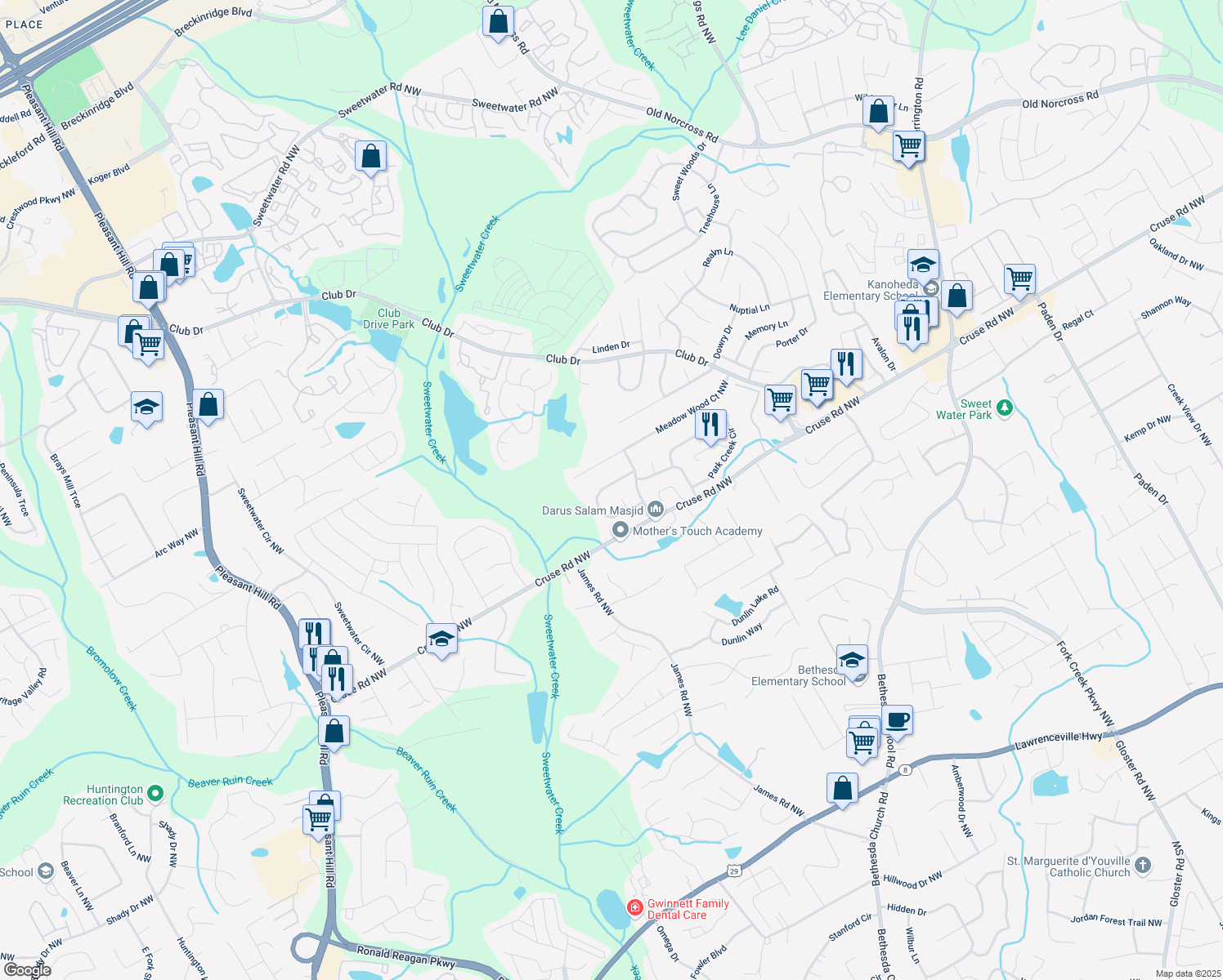 map of restaurants, bars, coffee shops, grocery stores, and more near 3227 Fescue Circle in Lawrenceville
