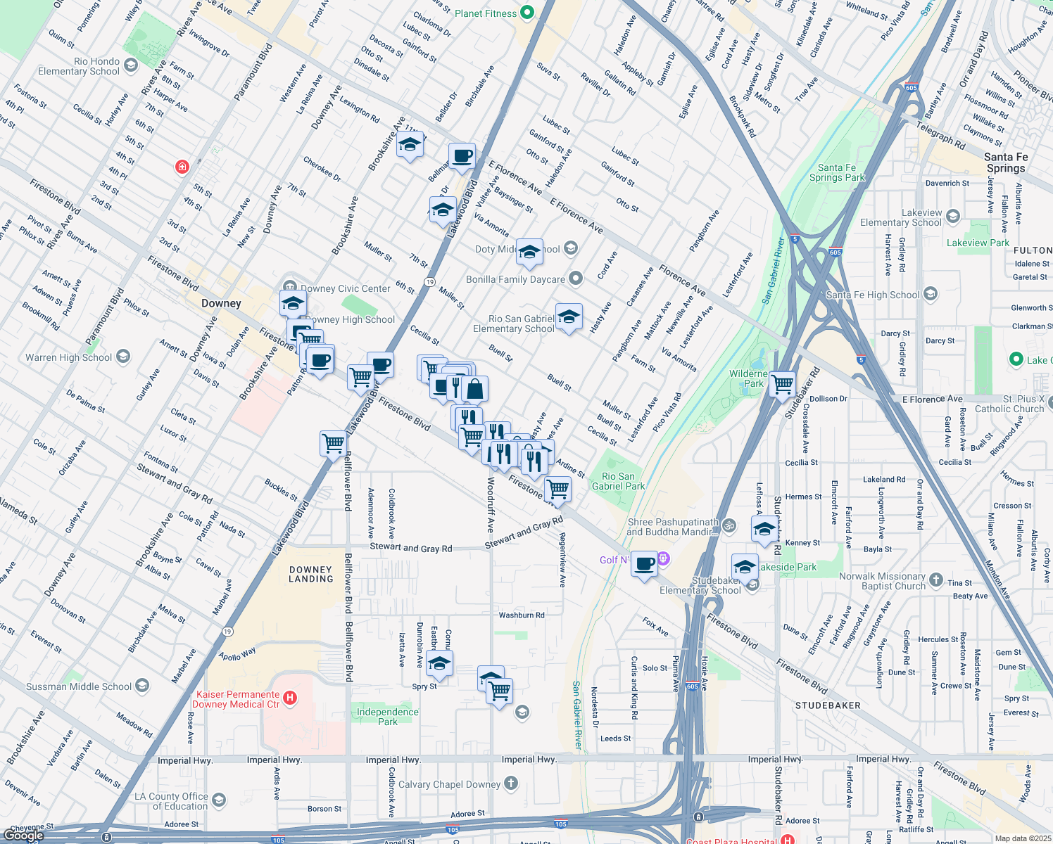 map of restaurants, bars, coffee shops, grocery stores, and more near 9343 Fostoria St in Downey