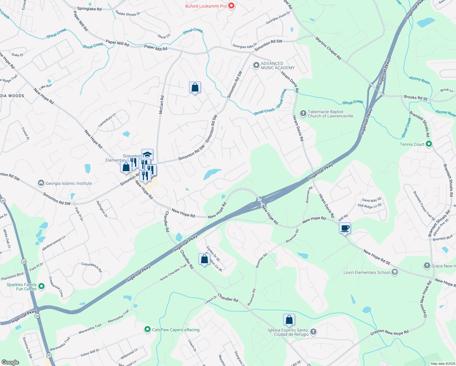 map of restaurants, bars, coffee shops, grocery stores, and more near 593 Savannah Rose Way in Lawrenceville