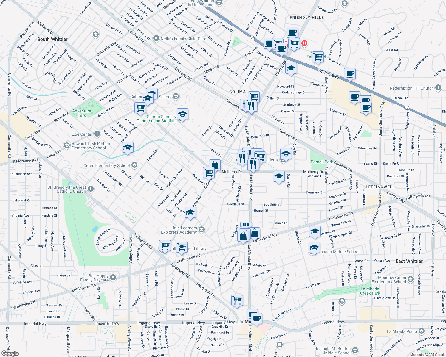 map of restaurants, bars, coffee shops, grocery stores, and more near 10823 Arroyo Drive in Whittier