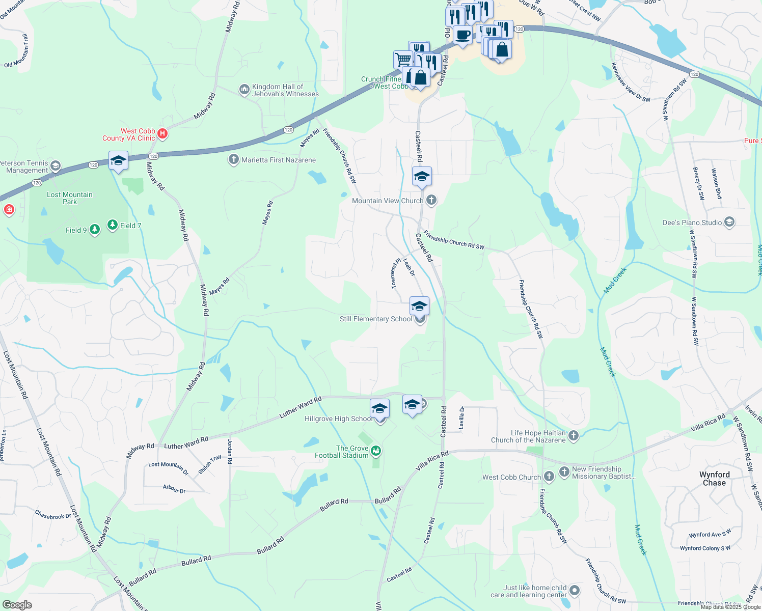 map of restaurants, bars, coffee shops, grocery stores, and more near 621 Leah Drive in Powder Springs