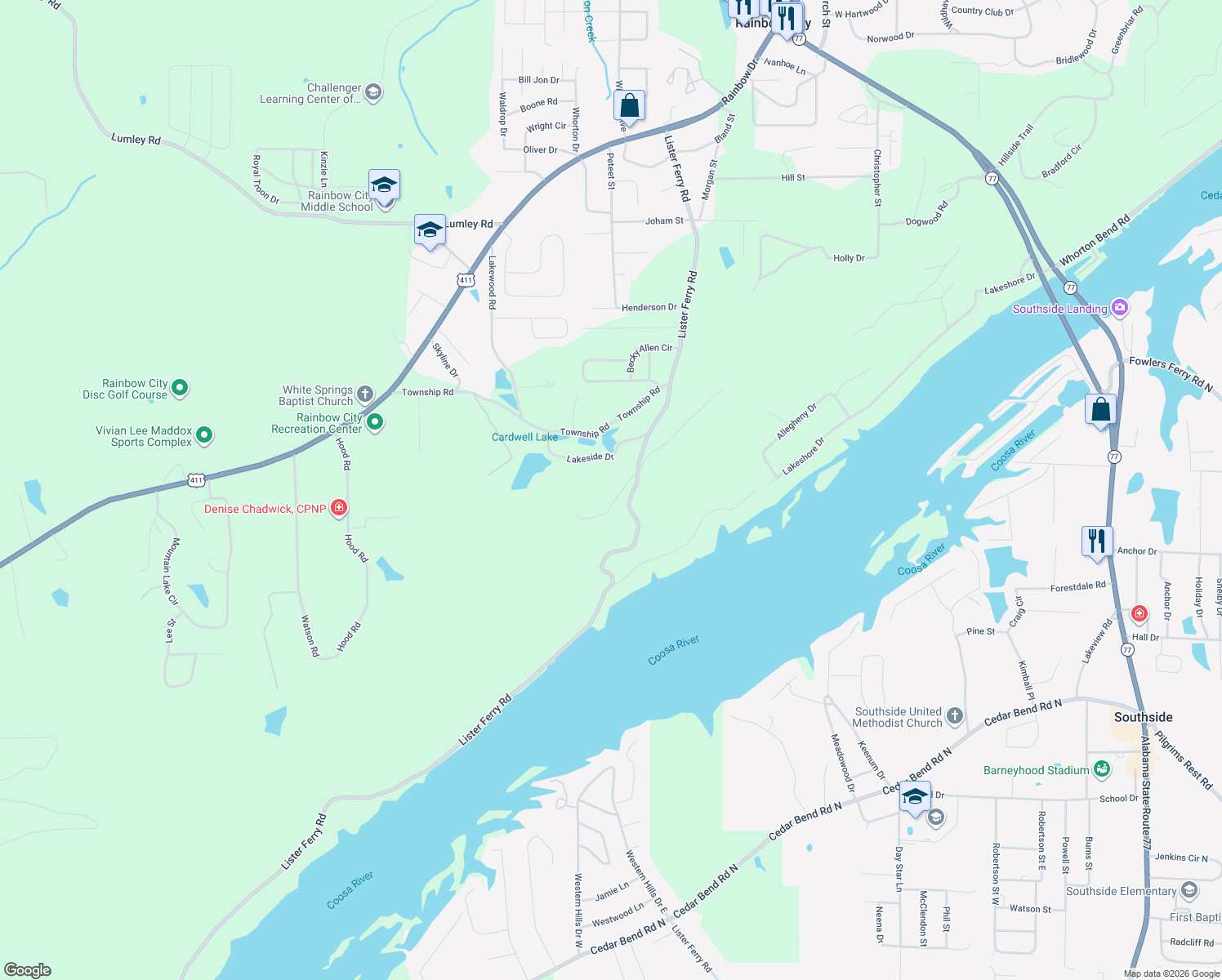 map of restaurants, bars, coffee shops, grocery stores, and more near 101 South Ridge in Rainbow City