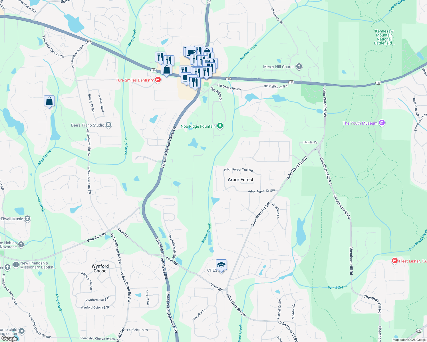 map of restaurants, bars, coffee shops, grocery stores, and more near 2072 Arbor Forest Drive Southwest in Marietta