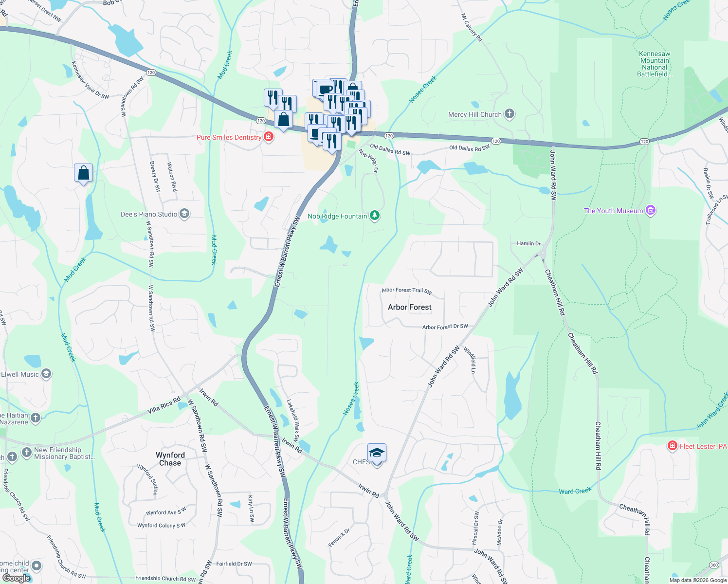 map of restaurants, bars, coffee shops, grocery stores, and more near 2072 Arbor Forest Drive Southwest in Marietta