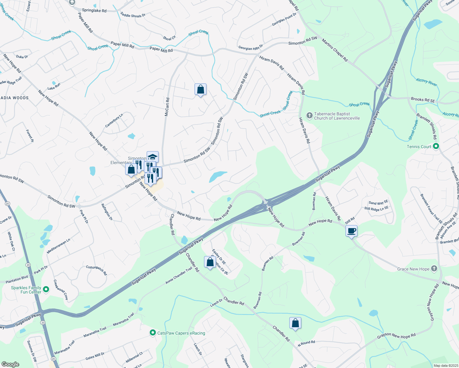 map of restaurants, bars, coffee shops, grocery stores, and more near 573 Savannah Rose Way in Lawrenceville