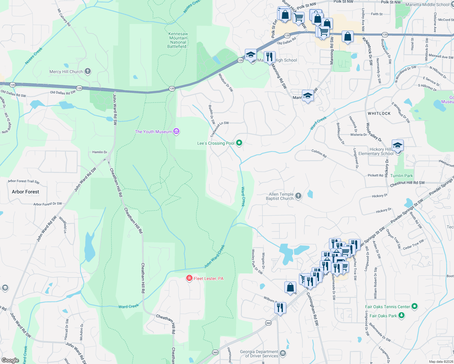 map of restaurants, bars, coffee shops, grocery stores, and more near 555 Russett Court Southwest in Marietta