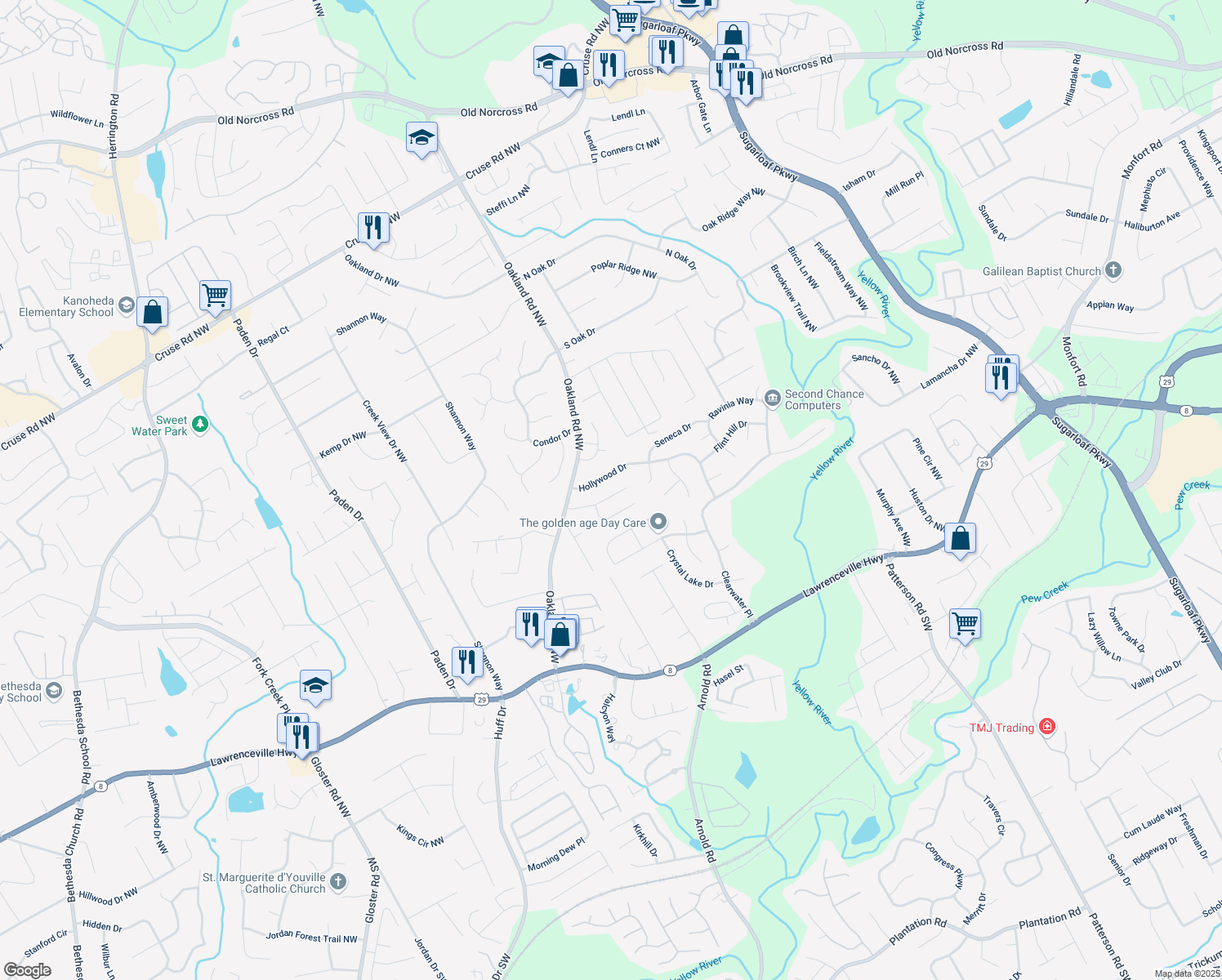 map of restaurants, bars, coffee shops, grocery stores, and more near 2121 Crescentview Dr in Lawrenceville