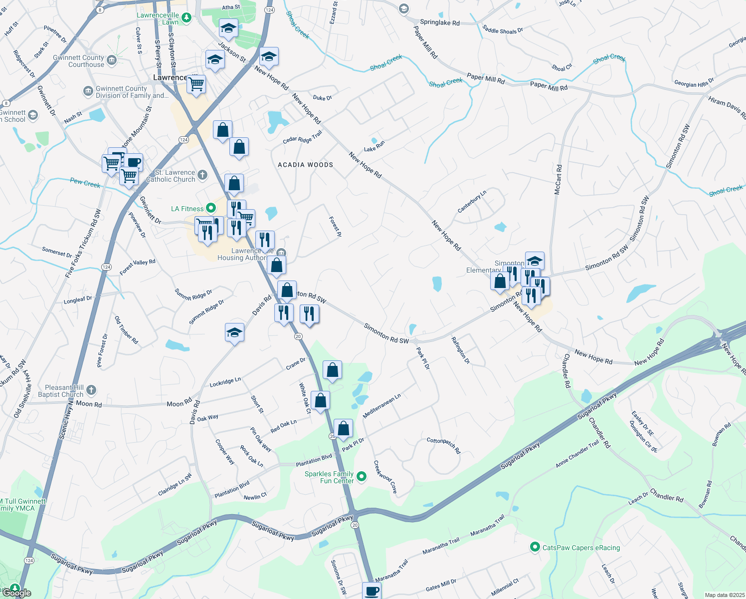 map of restaurants, bars, coffee shops, grocery stores, and more near 775 Brand South Trail in Lawrenceville