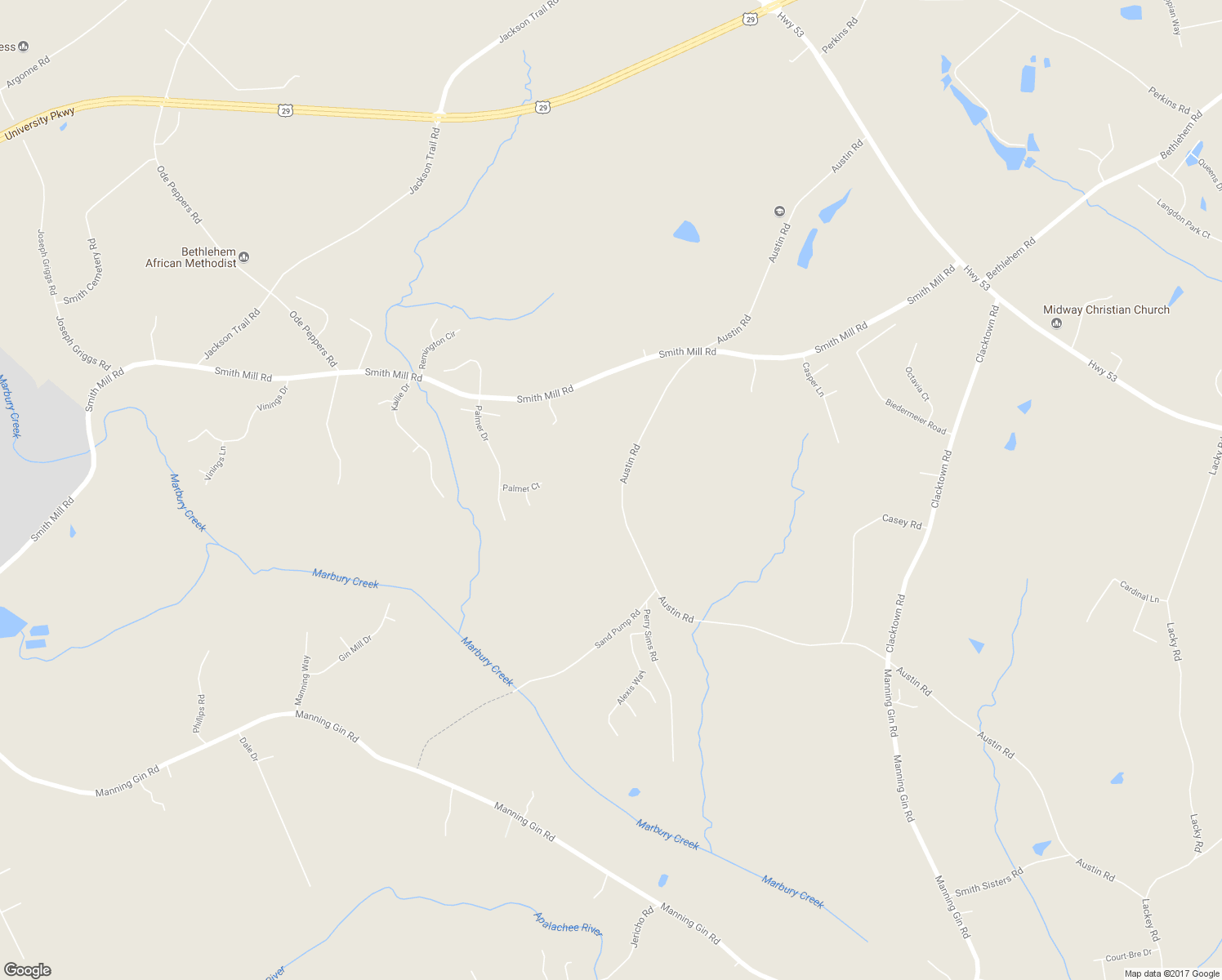 map of restaurants, bars, coffee shops, grocery stores, and more near 1185 Austin Road in Winder