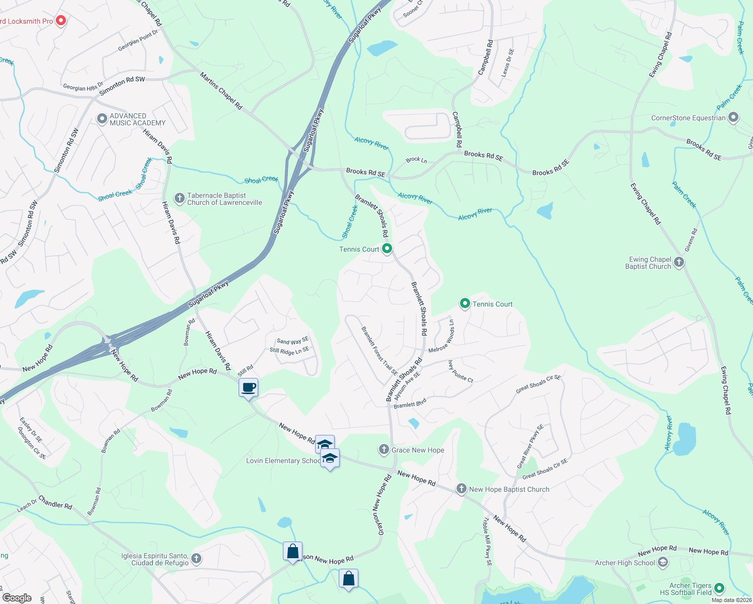 map of restaurants, bars, coffee shops, grocery stores, and more near 1346 Cartwright Lane Southeast in Lawrenceville