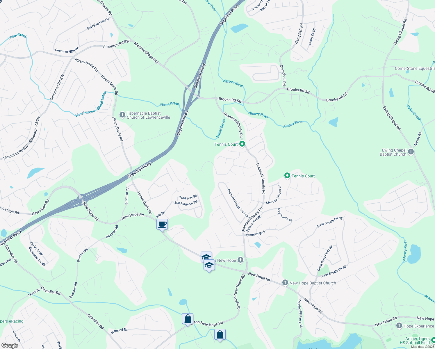map of restaurants, bars, coffee shops, grocery stores, and more near 1065 Chimney Trace Way SE in Lawrenceville