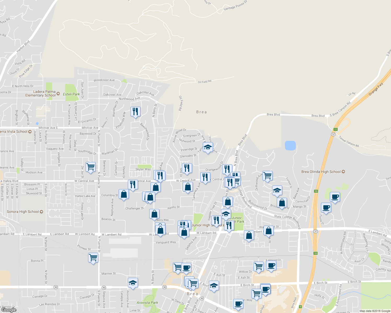 map of restaurants, bars, coffee shops, grocery stores, and more near 1082 Lynwood Drive in Brea